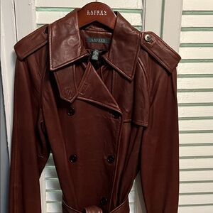 Lauren by  Ralph Lauren Women's Vintage Brown Leather Trench Jacket size Small